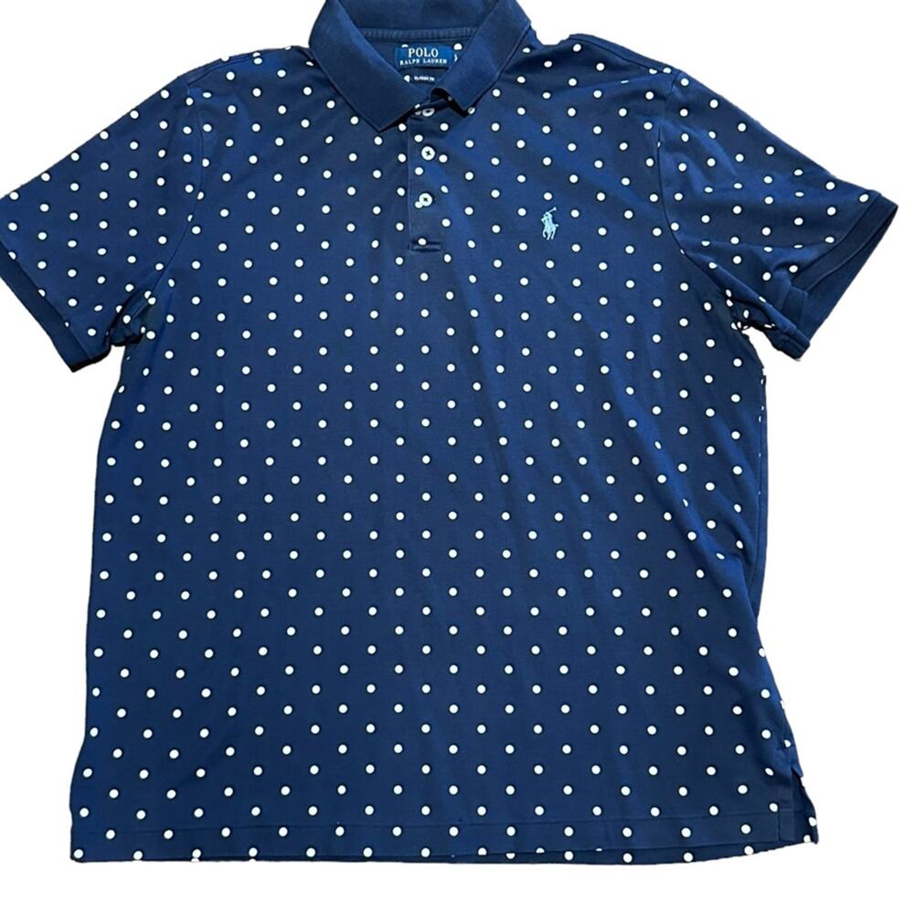 Polo Ralph Lauren Classic Fit Blue Polka Dot Mens Large Short Sleeve Polo Shirt